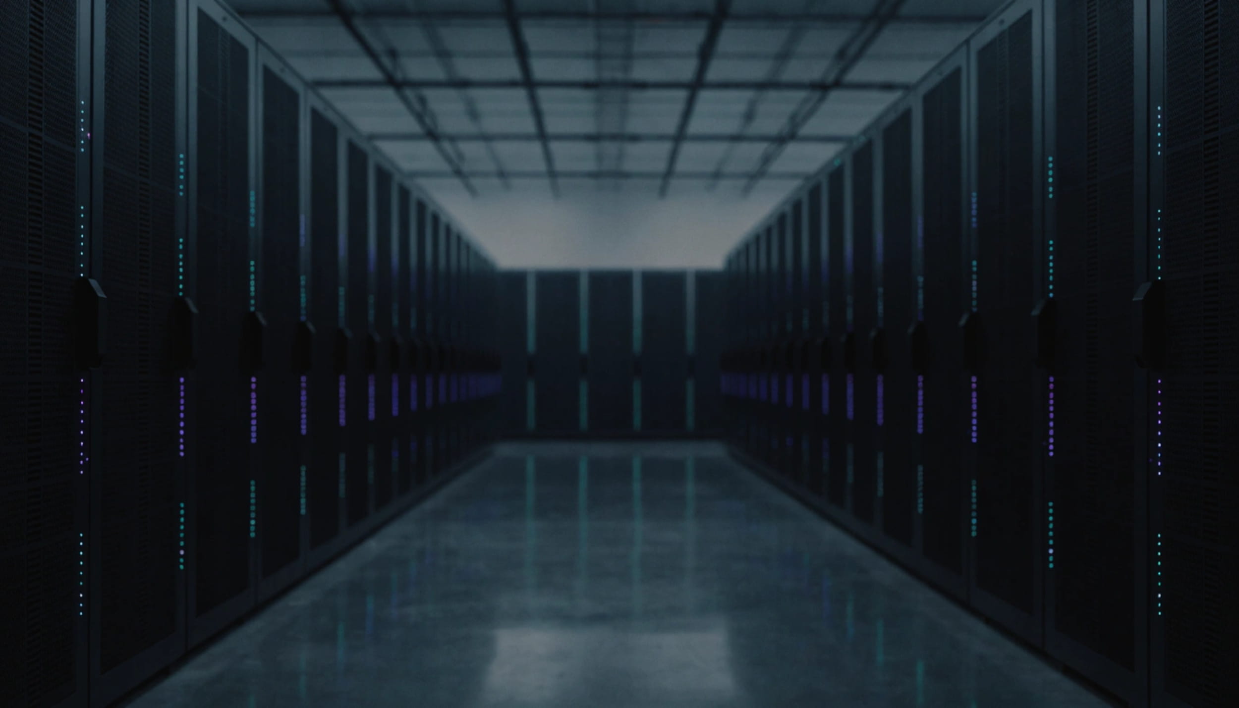 Data centre cold aisle with rows of GPU server racks